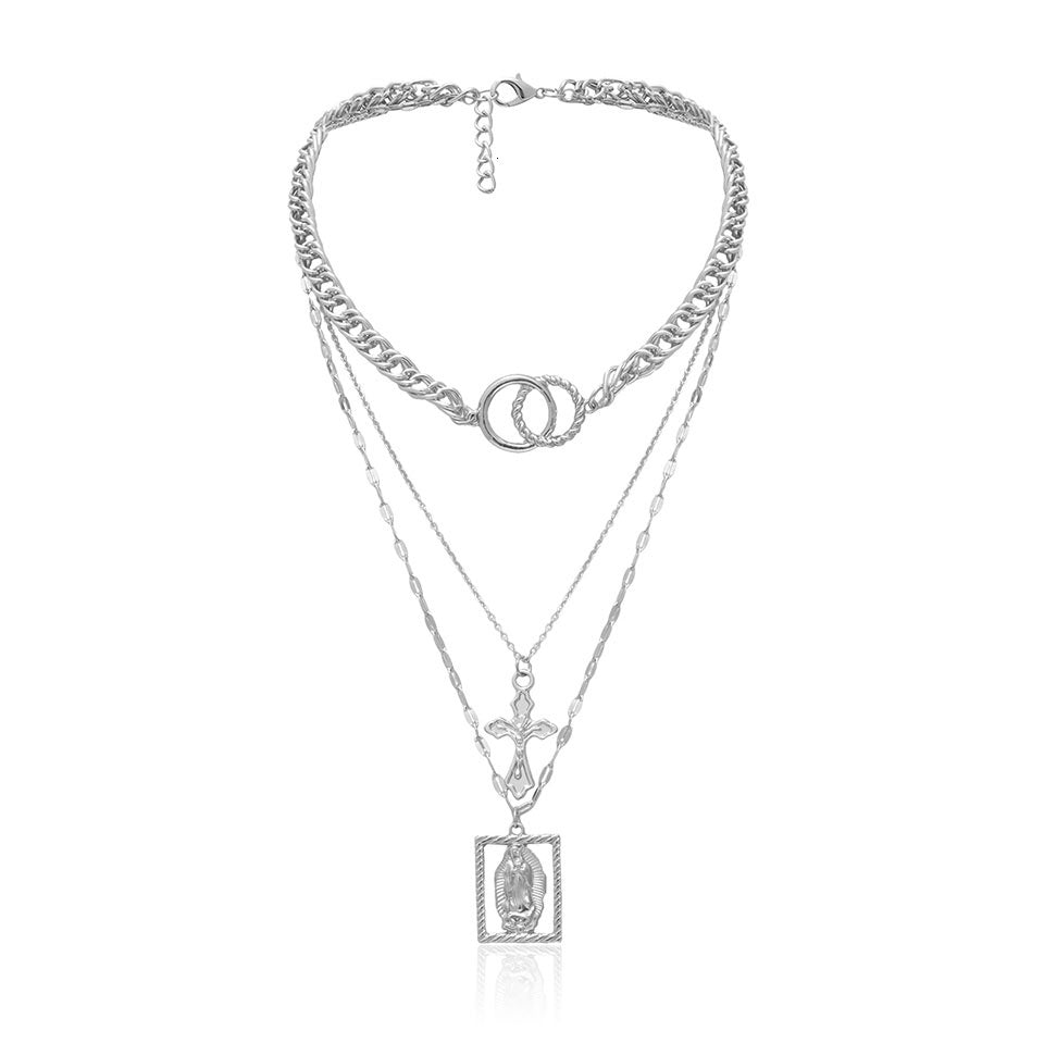 Vintage Multilayer Double Ring Embossed Jesus Necklace – Gold & Silver Christian Jewelry