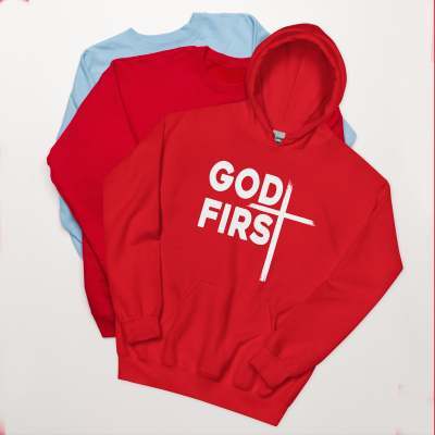 “GOD FIRST” Christian Hoodie – Bold Faith Statement with Cross – Religious Streetwear