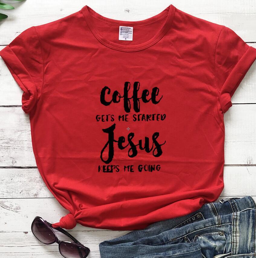Funny Christian T-Shirt – Coffee Gets Me Started, Jesus Keeps Me Going | Faith & Humor Tee