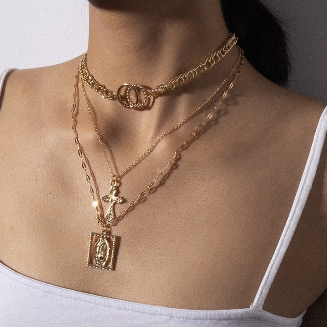 Vintage Multilayer Double Ring Embossed Jesus Necklace – Gold & Silver Christian Jewelry