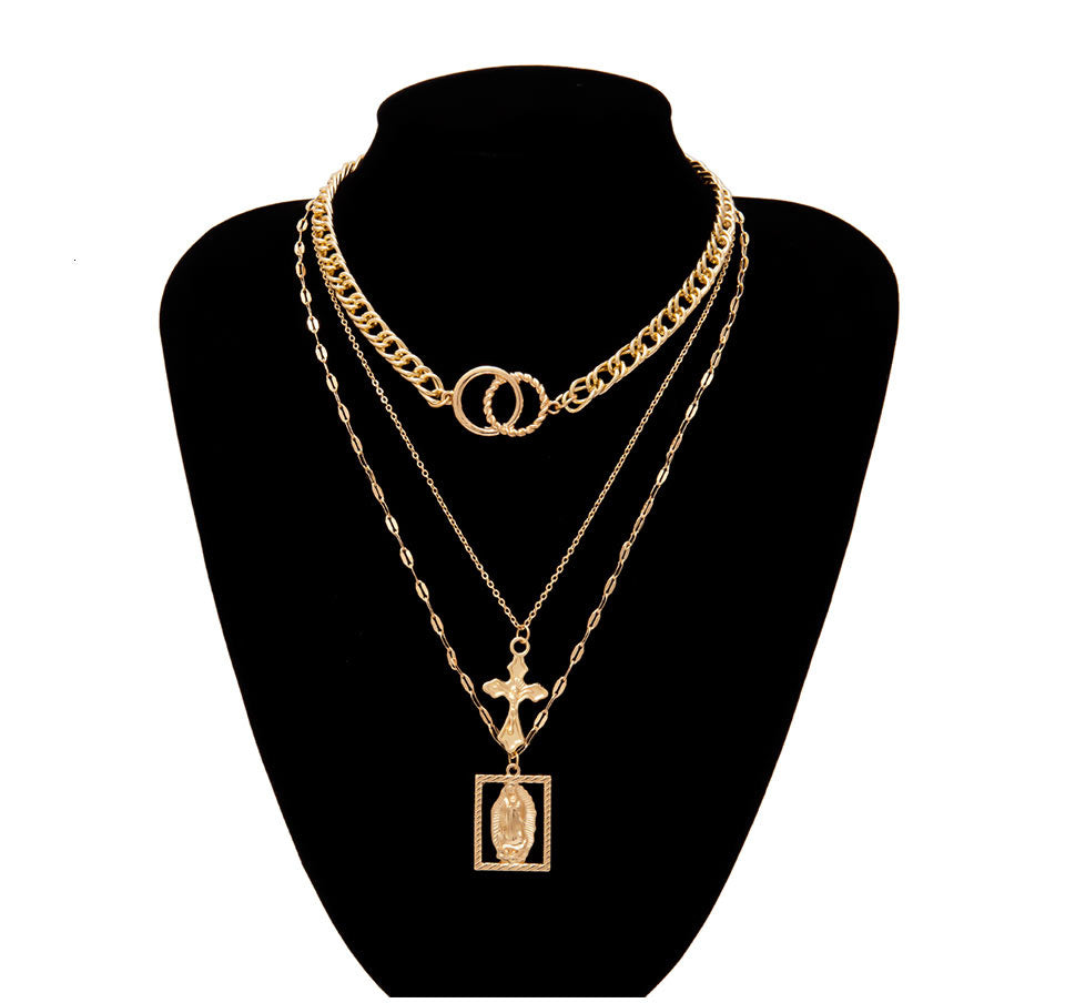 Vintage Multilayer Double Ring Embossed Jesus Necklace – Gold & Silver Christian Jewelry
