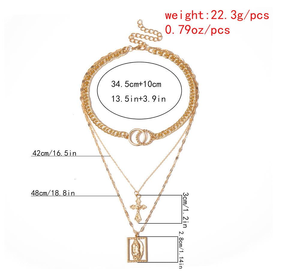 Vintage Multilayer Double Ring Embossed Jesus Necklace – Gold & Silver Christian Jewelry