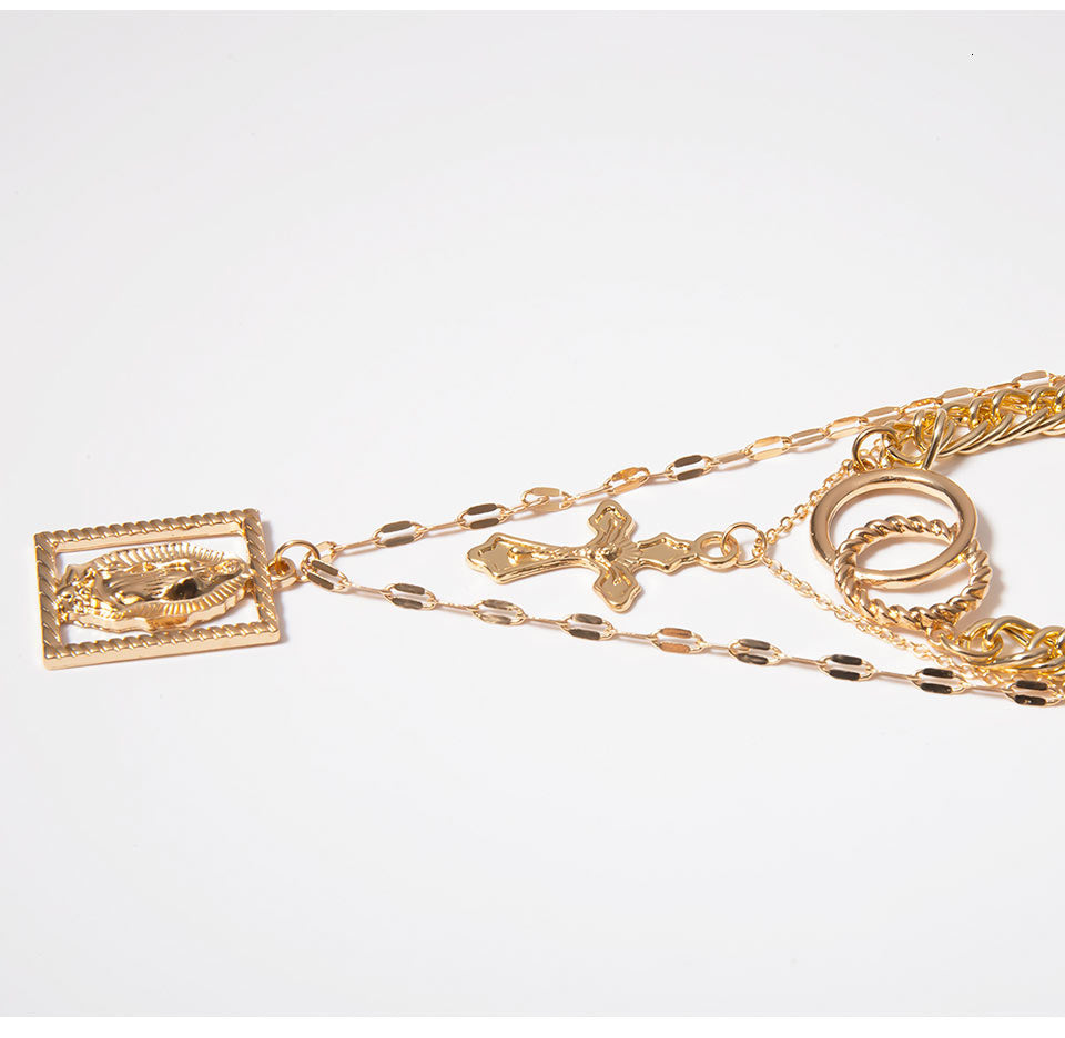 Vintage Multilayer Double Ring Embossed Jesus Necklace – Gold & Silver Christian Jewelry
