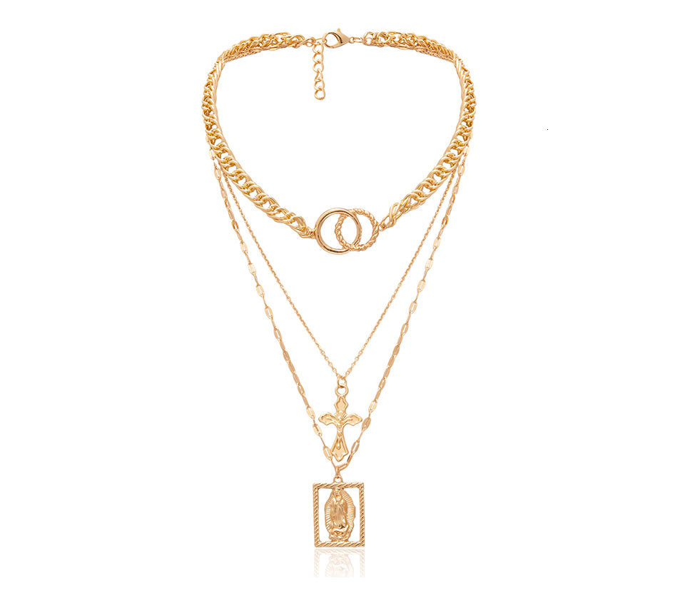 Vintage Multilayer Double Ring Embossed Jesus Necklace – Gold & Silver Christian Jewelry