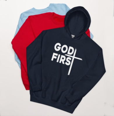 “GOD FIRST” Christian Hoodie – Bold Faith Statement with Cross – Religious Streetwear