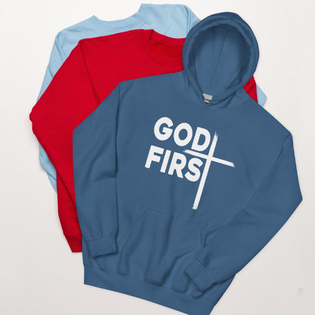 “GOD FIRST” Christian Hoodie – Bold Faith Statement with Cross – Religious Streetwear