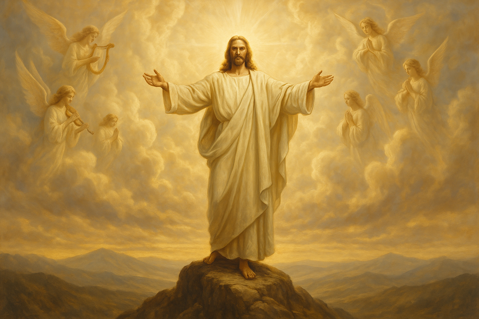 Jesus Christ boldly standing atop a mountain, heavenly clouds and background with angels.