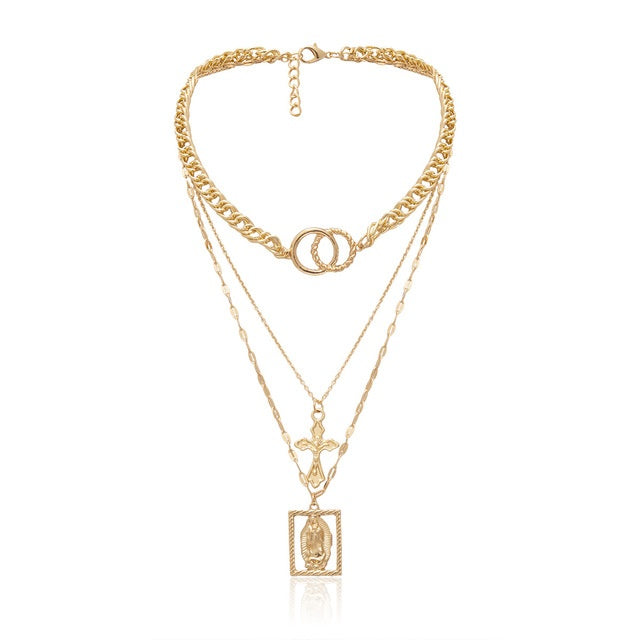 Vintage Multilayer Double Ring Embossed Jesus Necklace – Gold & Silver Christian Jewelry