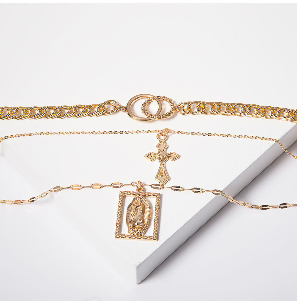 Vintage Multilayer Double Ring Embossed Jesus Necklace – Gold & Silver Christian Jewelry