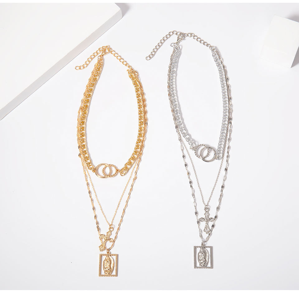 Vintage Multilayer Double Ring Embossed Jesus Necklace – Gold & Silver Christian Jewelry