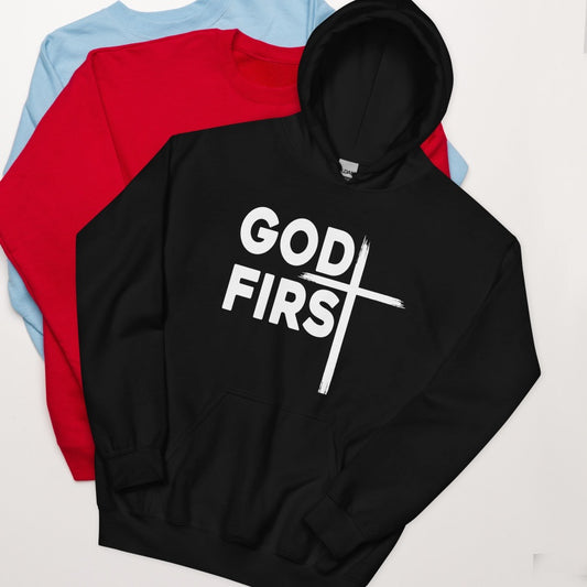 “GOD FIRST” Christian Hoodie – Bold Faith Statement with Cross – Religious Streetwear